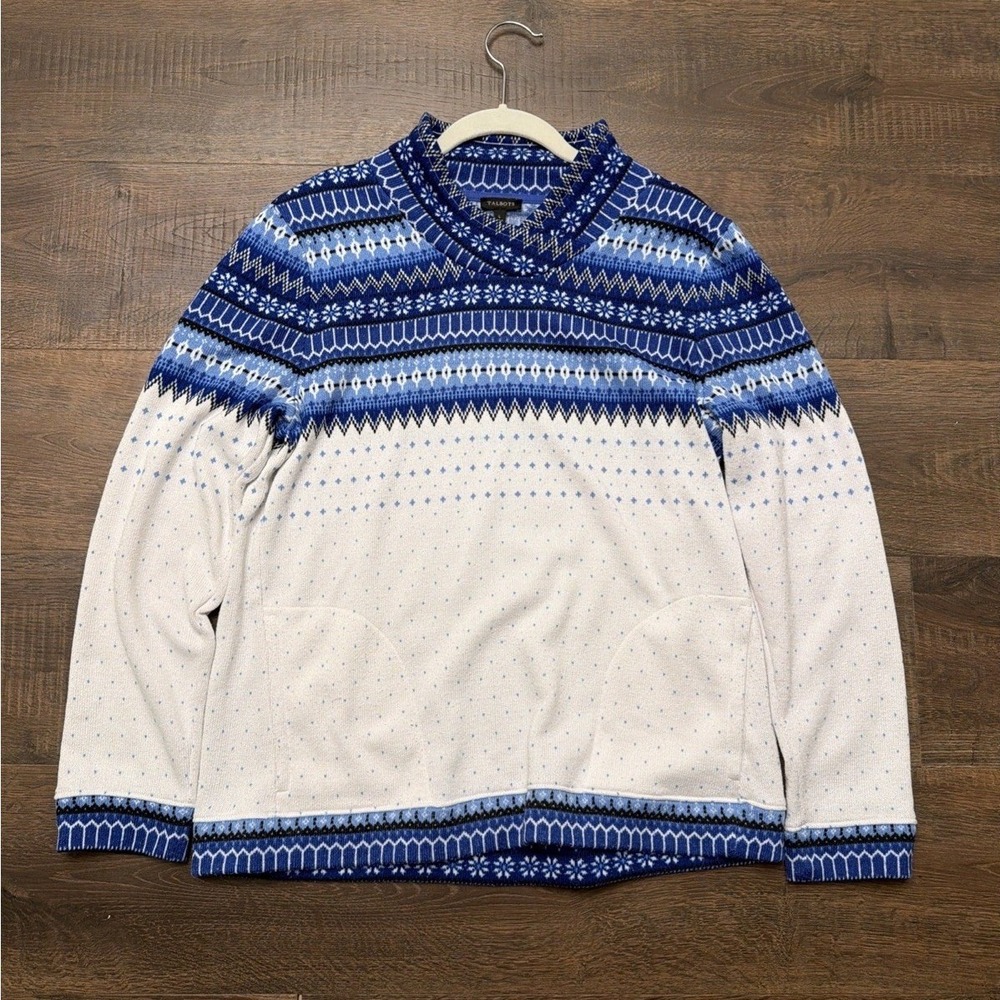 Talbots Womens L Blue White Fair Isle Icelandic Neck Sweater Preppy Winter